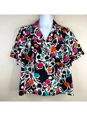 Vintage Art To Wear Top XLarge Satin Silky Polka‎ Dot Iridescent Mod Blouse 80s